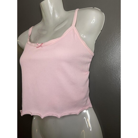 Windsor Tank Top Womens Medium Pink Ribbed Cami Crop Lettuce Hem Bow Stretch - Picture 3 of 7